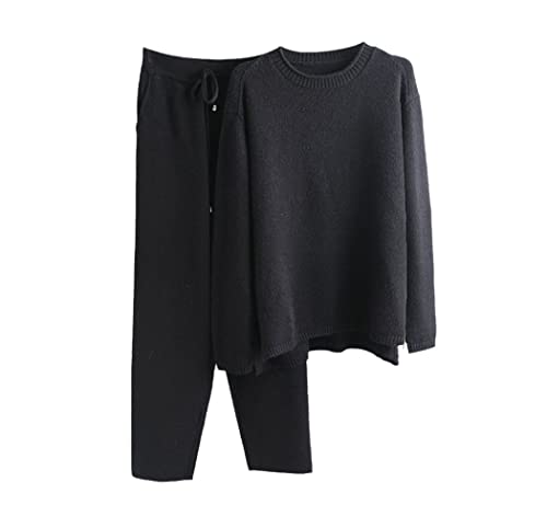 Survêtement tricoté col roulé femme ensemble 2 pièces noir en maille confortable taille unique