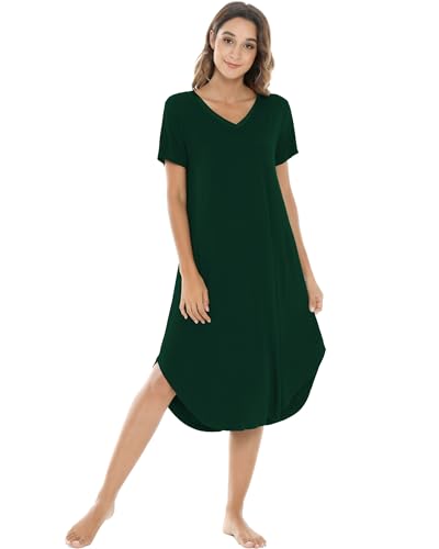 Image of NACHILA Nightgowns for Women-Viscose Made from Bamboo, V Neck Sleepshirts Short Sleeve Sleepwear Cool Nightshirt