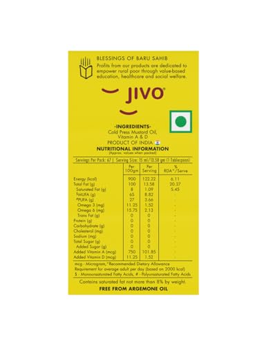 JIVO Kachi Ghani Daily Cooking Oil Cold Pressed Chemical-Free Mustard 1 Litre | Recommended for Roasting, Frying, Baking All Kinds of Kitchens |
