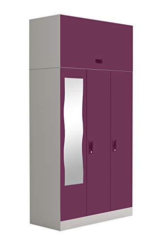 Image of Interio by Godrej Almirah Slimline 3-Door Steel Almirah, Cupboard for Clothes (Textured Purple), 1-Year Warranty, 6 Shelves, 1 Locker, 2 Drawers, Overhead Unit, Curvilinear Mirror