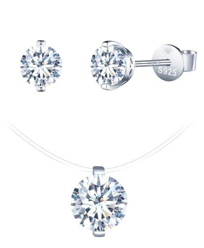 INFINIONLY Collar y pendientes de diamantes para mujer: juegos de joyas de plata 925 colgante solitario con cadena transparente - 3 quilates color D claridad VVS1 certificado GRA - joyas de boda