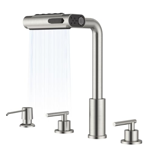 Comparison: 5 Best Kitchen Faucets 6 APPASO Waterfall 4 Hole Kitchen Faucet with Sprayer, 5 Modes Multifunctional Kitchen Sink Faucet with Soap Dispenser, Modern Brushed Nickel Two Handle Kitchen Faucet, Pull Down Kitchen Sink Faucets