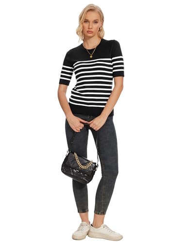 Image of Spicy Sandia Women's Short Sleeve Sweater Casual Knit Pullover Top for Summer Lightweight Black and White Striped 2XL