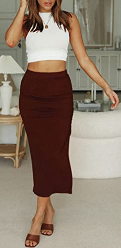 CHARTOU Women's Skinny Stretch High Rise Ruched Ribbed Side Slit Office Bodycon Midi Pencil Skirt3