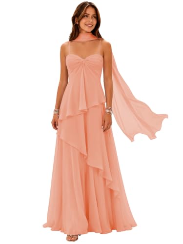 Tiered Ruffles Bridesmaid Dresses with Scarf Long Chiffon Spaghetti Straps