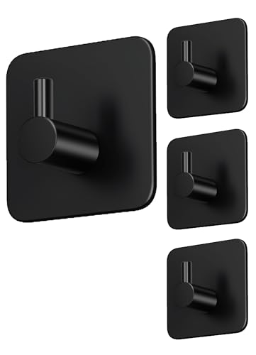 4smile ganchos adhesivos para pared, set de 4 unidades, negro - Colgadores adhesivos resistentes e impermeables, colgador toalla baño de acero inoxidable - Ganchos adhesivos, toallero sin taladrar