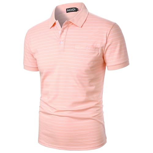 AIOIDI Polo Homme Manches Courtes Rayures Tops 100% Coton T-Shirts Rugby S-2XL Rose M