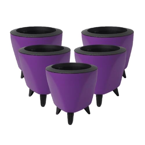 Image of Garden Art (Pack of 5 Indoor Outdoor Self Watering Planter Home Living Room Office Tabletop Decorative Plastic Flower Pot 5.1 Inch (Purple, 5) PPLAPL