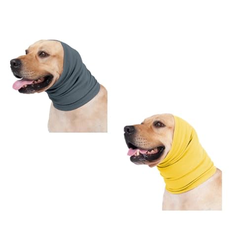 Image of Quiet Ears Noise Cancelling Dog Head Wrap for Ear Hematoma, Anxiety Relief and Calming - Yellow+Aqua Blue Medium