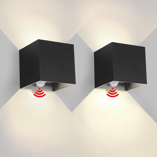 2 Pezzi Applique da Esterno con Sensore di Movimento LED Cubo IP65 Impermeabile Applique da parete Interno 6W 4000K Lampada da Esterno Moderne Quadrata Angolo del Fascio Regolabile Nero