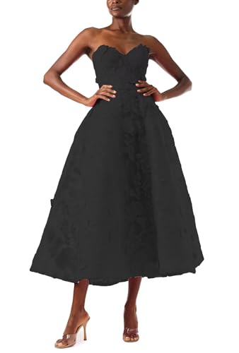 FANGHEIA Strapless 3D Floral Laces Prom Dress for Women Sweetheart Formal Party Gowns Tea Length Princess Evening Dress