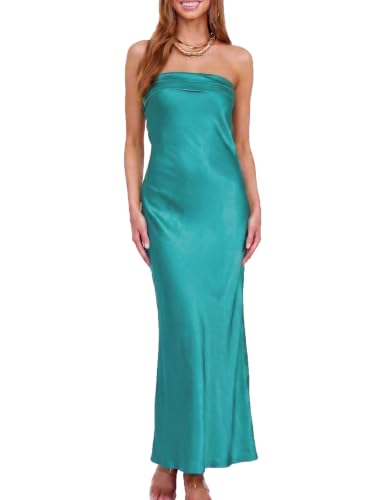 Image of Realtix Summer Satin Strapless Backless Maxi Dress for Women Wedding Guest