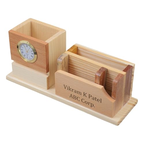 Image of EpicLane Customizable Wooden Pen Holder with Clock, Visiting Card Holder & Mobile Stand | Personalized Name Engraving Desk Organizer (Modern)