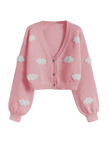 SHENHE Women's Cloud Print Button Down Sweaters V Neck Long Sleeve Crop Cardigan Top