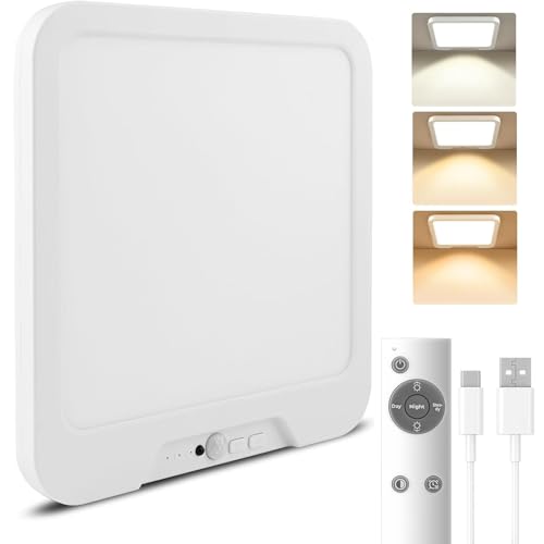 Oumida LED Plafoniera Sensore di Movimento 3000K 4500K 6000K, Quadrato Lampade Senza Fili con Batterie USB, Luce con Telecomando per Cucina Garage Esterno Corridoio Parete Balcone (21.5 * 21 * 15cm)