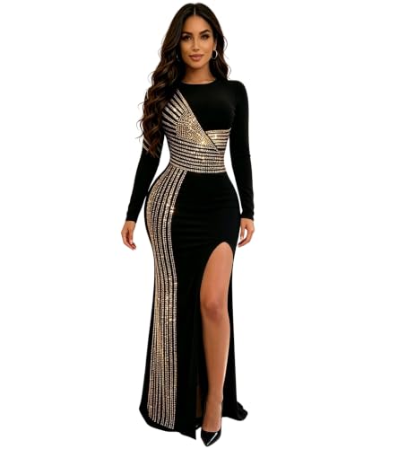 PORRCEY Sexy Elegant Rhinestone Long Sleeve Side Slit Dress(8882,Gold,M