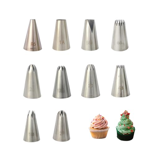 Grand Douilles à Pâtisserie,10 Pièces Inox Professionnelle Embouts de Glaçage pour Poche à Douille,Kit Patisserie DIY Douille Cannelée pour Décorer...