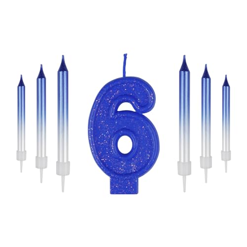 ZHIHUI 7pcs Number Birthday Candles, Blue Number 6 Cake Topper, 6th Birthday Candles, Blue Metallic Shiny Number Happy Birthday Cake Candles for Birthday Party Wedding Anniversary Celebration Supplies