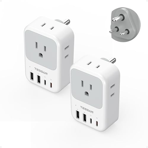 TESSAN US to India Plug Adapter 2 Pack, PD 20W Type D Travel Adapter with 4 AC Outlets 4 USB Ports (2 USB C), India Power Adaptor for USA to Banglades