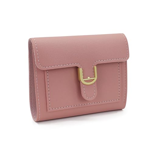 Ladies Wallet, Small Womens Wallet with 4 Card Slots and ID Window, Multi Card Slot Bifold Wallet Women with Metal Snap Closure, Portable Small Ladies Wallet Credit Card Holder (Pink)