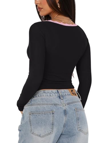 REORIA Sexy Lace Long Sleeve Shirts for Women V Neck Slim Fitted Y2K Trendy Fall Going Out Tops Clothing4