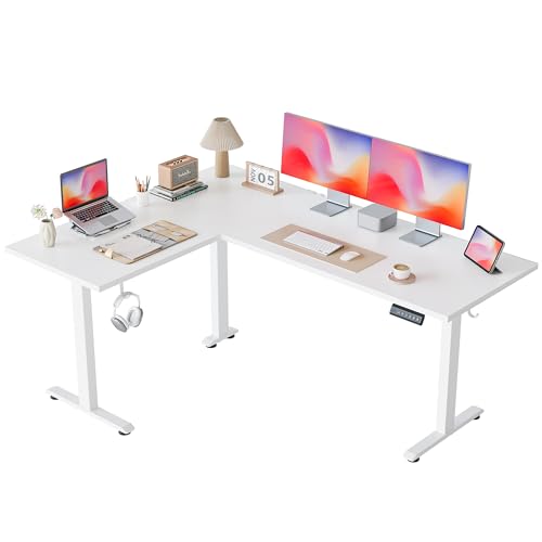 Image of Agilestic L Shaped Standing Desk 63 inch Adjustable Height, Electric Corner Standing Desk, Sit Stand Computer Table with Splice Board, White