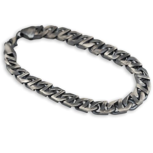 Trendy Cuban Link Bracelet for Men - Solid 925 Sterling Silver with Brushed Matte Finish - Chunky Heavy Bikers Vintage Black Curb Hand Chain Bracelets, Thick 8 mm - Mens Brutalist Jewelry - Handmade