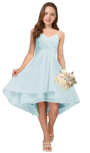 Short Spaghetti Straps Chiffon Junior Bridesmaid Dress with Ruffle Hi-Lo A-Line Flower Girl Dresses for Weddings