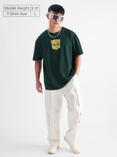 Image of The Souled Store Transformers: Bumblebee Mens & Boys Oversized Fit Graphic Printed Half Sleeve Cotton Green Oversized T-Shirts