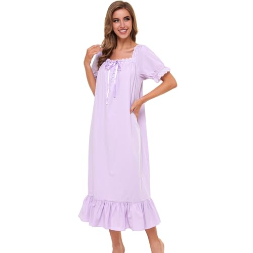Image of Lu's Chic Women's Victorian Nightgown Cotton Sleepwear Long Loungewear Short Sleeve Vintage