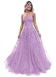 TANPAUL Glitzer Tüll Ballkleider Damen Lang Spitzenapplikationen Abendkleider Spaghetti Träger Ballkleid Maxi Patrty Kleider mit Schlitz Flieder 38