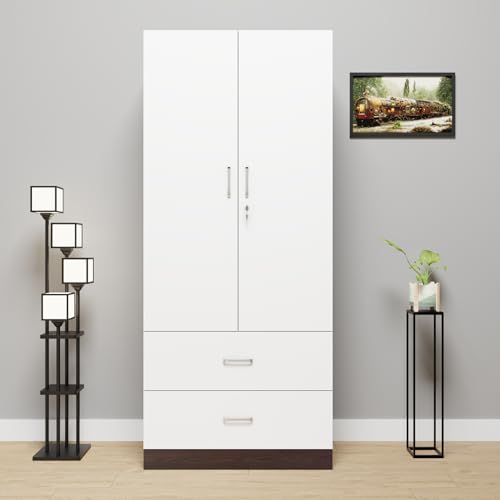 Image of VIKI Wardrobe | Wooden Almirah for Clothes,Door for Bedroom, 2 Door Wardrobe with Drawer & Hanging Space (Dark Wenge, Frosty White - 40D x 80W x 180H) | 1 Year Warranty | Free Assembly