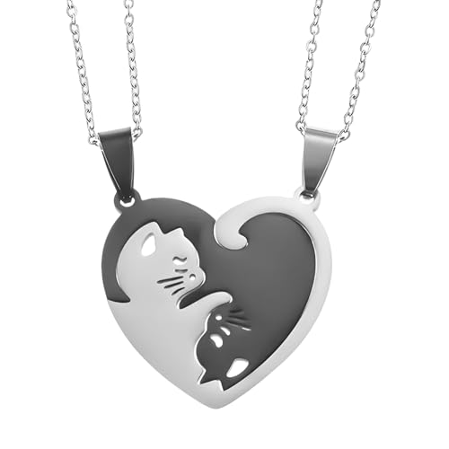 Collier chat noir en argent 925, pendentif cœur élégant pour femme