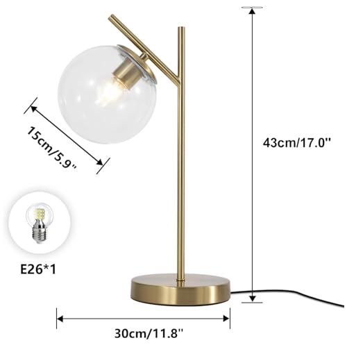 Image of Mid Century Modern Table Lamp, Contemporary Metal Brass Bedside Lamps with Clear Glass lampshade, Gold Globe Nightstand Lamp for Bedroom Living Room Study Room