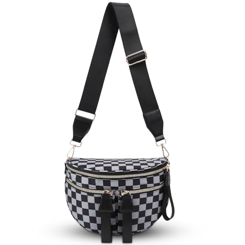 Image of hibear Checkered Crossbody Bag Spacious Bum Bags for Women Nylon Crossbody Fanny Packs Checkered Purse Belt Wallet (W-grey)