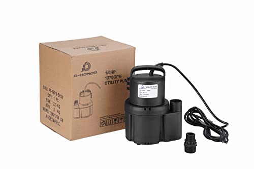D-HONOR Submersible Water Pump 1/6 HP 1370GPH, Sump Pump Submersible for Clean Water, Electric Utility Pump with 1\" Water outlet and 3/4\" Garden Hose Adaptor for Swimming Pool Garden Pond Draining
