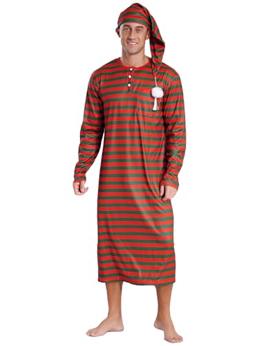 Men's Christmas Striped Robe Pajamas Set Long Sleeve Nightshirt Sleeping Cap with Pom Balls