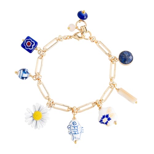 Yellow Tone Brass Paperclip Blue Flower Fish Blue Charm Bracelet