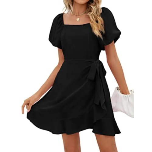Robe courte d'été col carré et taille cravate à nouer pour look féminin