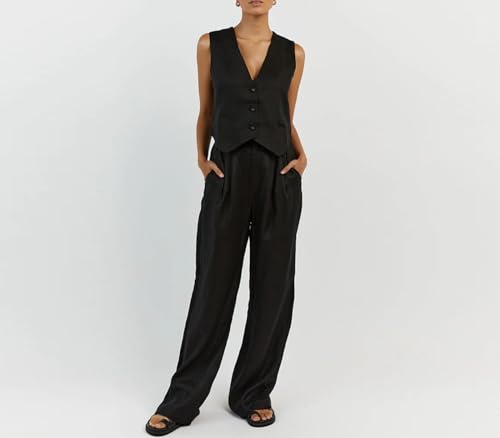 OCUH 2 Pice Linen Set Straight Leg Pants Women Pants Button-up Vest Business Casual Work Outfits for Women2