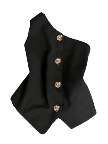 GORGLITTER Women's One Shoulder Blazer Vest Tops Sleeveless Metal Button Up Business Casual Work Suit Top Dressy Trendy
