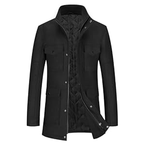 Allthemen Herren Mantel Regular Fit Wintermantel mit Stehkragen Kurzmantel Mittellang mit Reißverschluss Schwarz XL