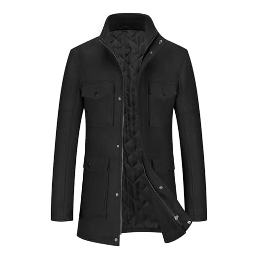 Allthemen Herren Mantel Regular Fit Wintermantel mit Stehkragen Kurzmantel Mittellang mit Reißverschluss Schwarz XL
