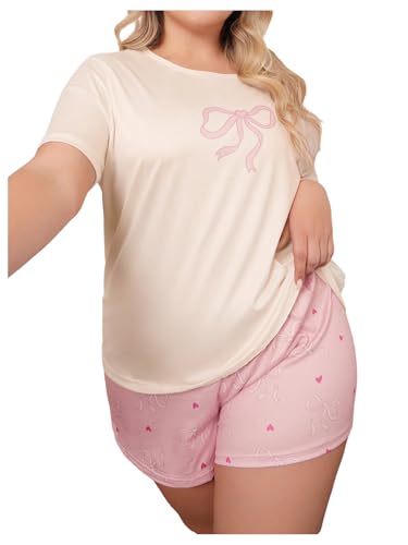 Verdusa Women's Plus Size 2 Piece Cute Bow Pajama Set Crewneck Short Sleeve Top and Shorts Sleepwear