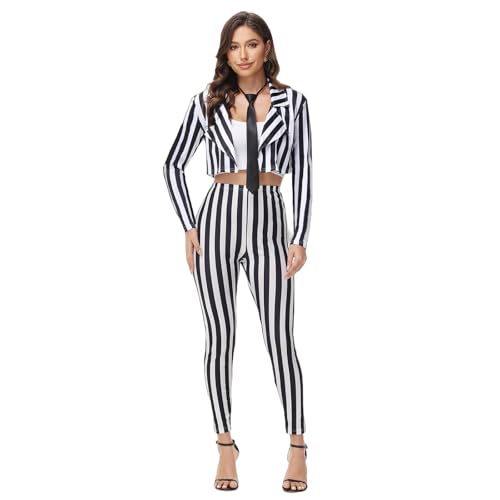 Black and White Striped Blazer and Pants for Women Pinstripe Jacket Suit Halloween Cosplay Parties