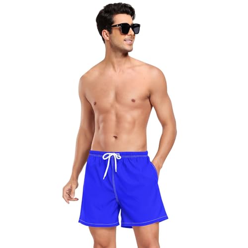 Blue Solid Color Pure PlainMens Swimming Shorts Men 2 Layer Workout Running Shorts with Compression Liner Bathing Suit for Men Lightweight