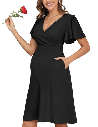 AISWI 2024 Sommer-Umstandskleid, Taschen, Babyparty, Hochzeit, Gast, Schwangerschaft, kurze Rüschenärmel, A-Linie, Midi, Schwarz, fein gerippt,...