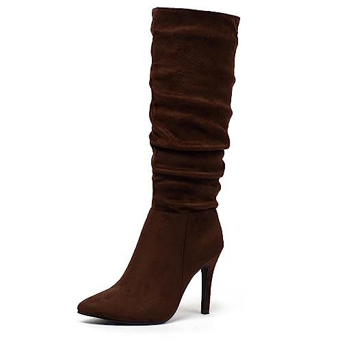 katliu Women Suede Knee High Boots Pointed Toe Stiletto Boot