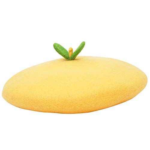 Kawaii Beret Wool Felt Green Leaves Women's Vintage Painter Hat Wool French Beret Lolita Girl Decor (Lemon Yellow) #TOP8