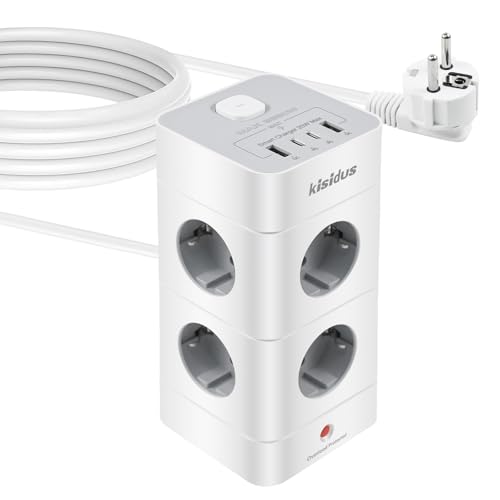 kisidus Regleta de enchufes 8 Tomas con 4 Puertos USB, regleta con protección contra sobretensión, Cable de extensión de 2M, Torre de enchufes con Interruptor, para hogar y Oficina, Color Blanco